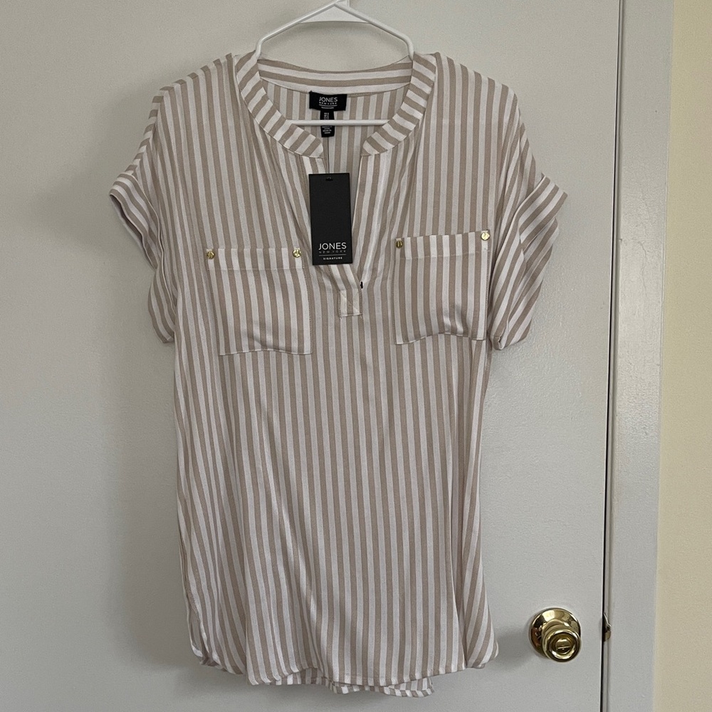 Jones New York Women's Beige and White Striped Blouse
